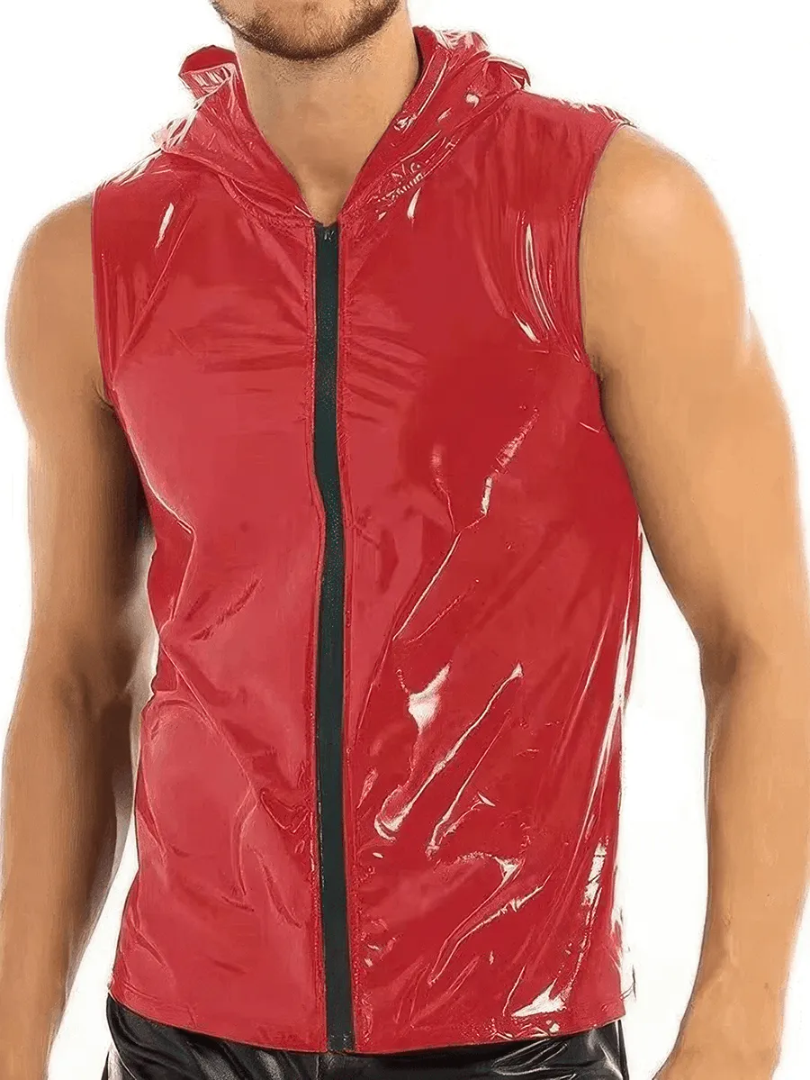 EU SALE of Wet Look Black Vest with Hood / Hip Hop Closure Costumes