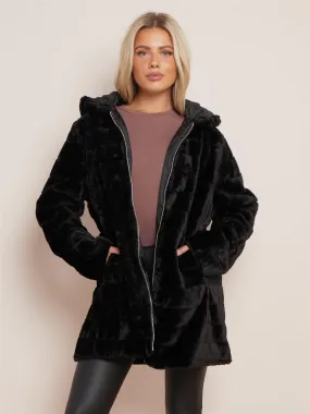 Faux Fur Coat with Oversized Hood, Black, UK Sizes 12 to 18