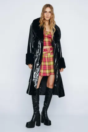 Faux Fur Collar Vinyl Trench