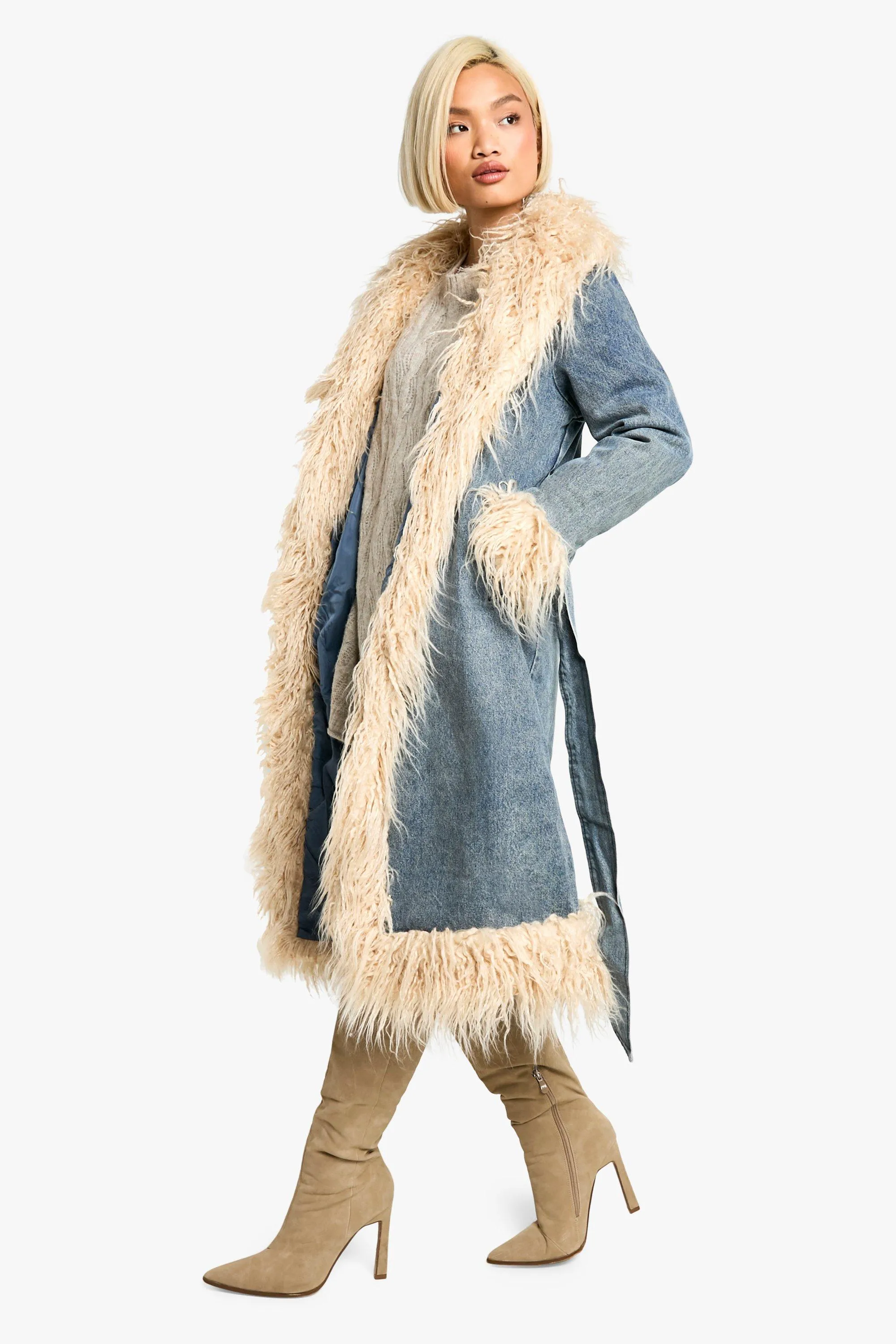 Faux Fur Trim Belted Denim Coat