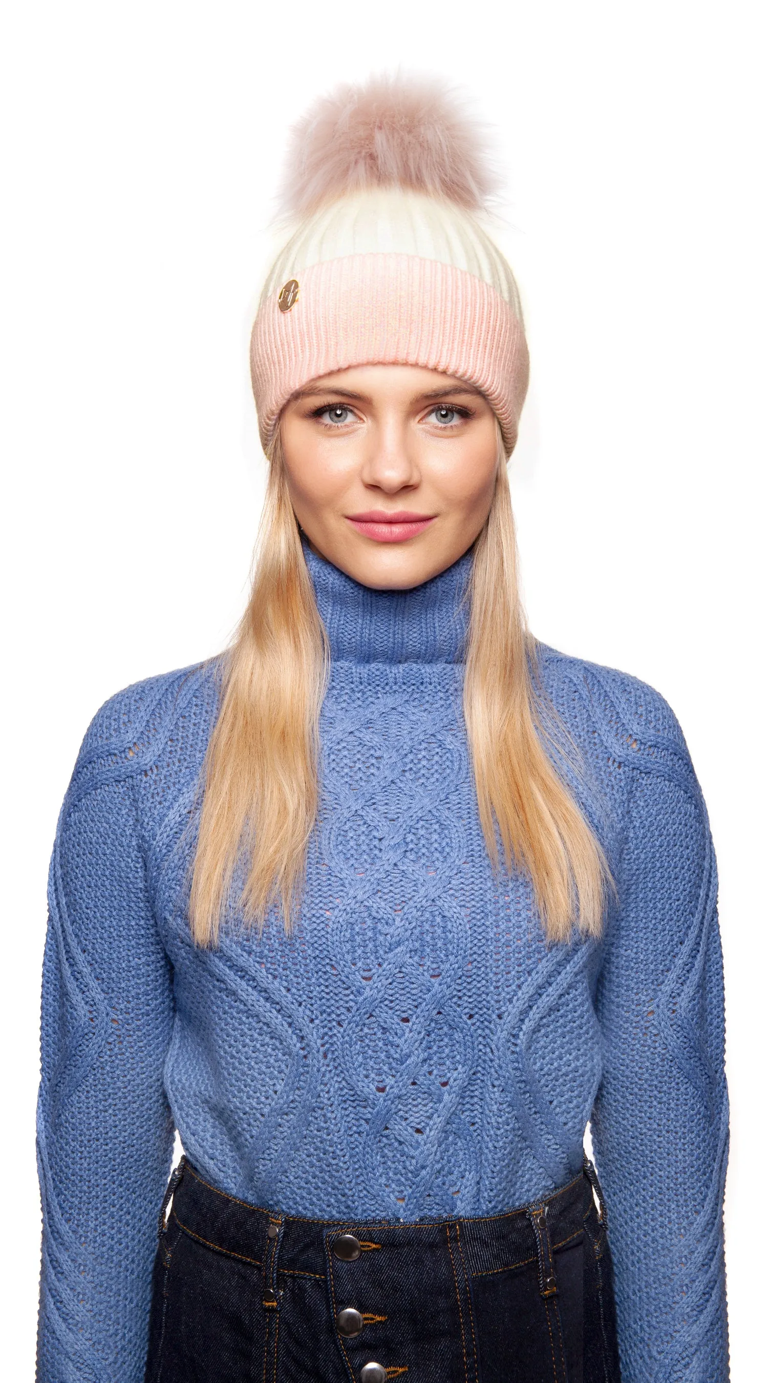 Faux Harley Pom Pom Hat - White/Pink No