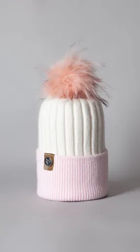 Faux Harley Pom Pom Hat - White/Pink No