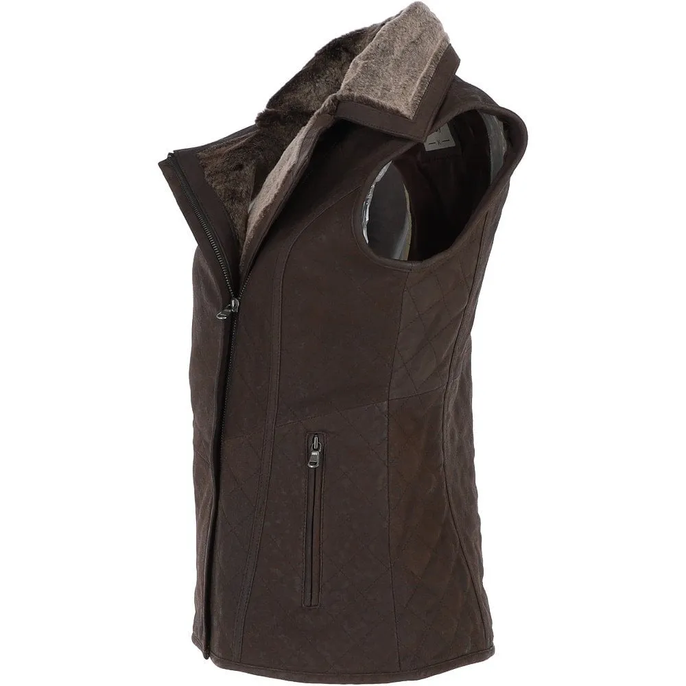 Fitted Leather Gilet With Faux Fur Collar Brown/snu : Cumbria