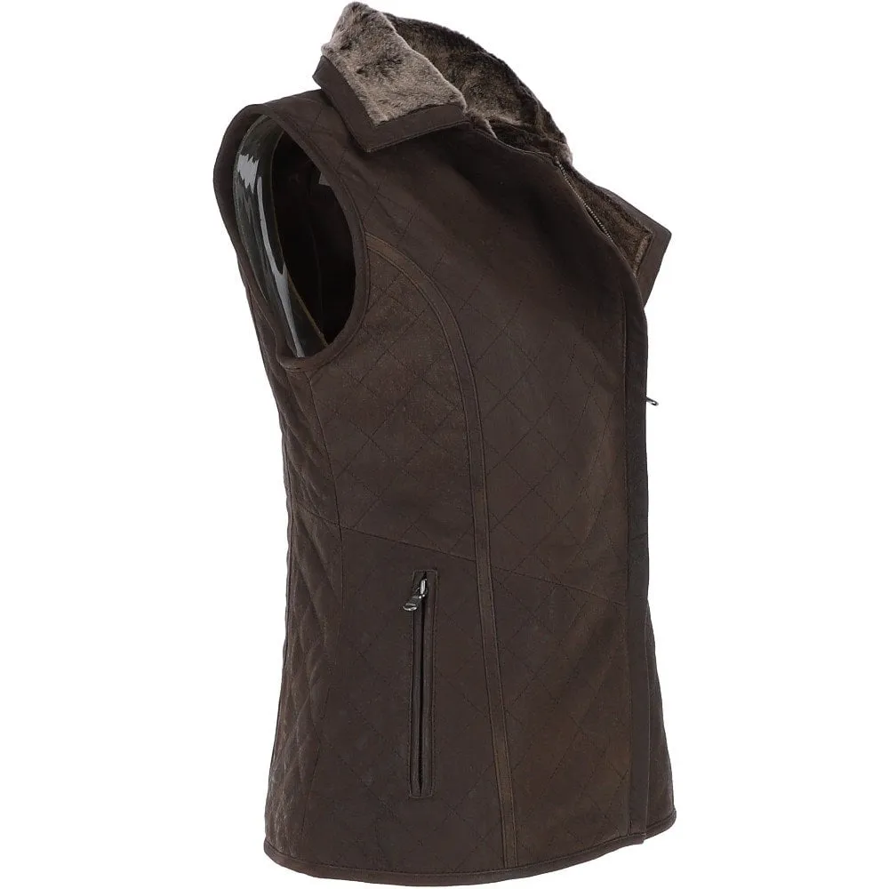 Fitted Leather Gilet With Faux Fur Collar Brown/snu : Cumbria