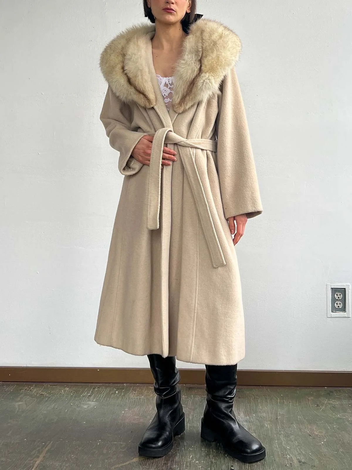 Fur Collar Maxi Coat - Cream