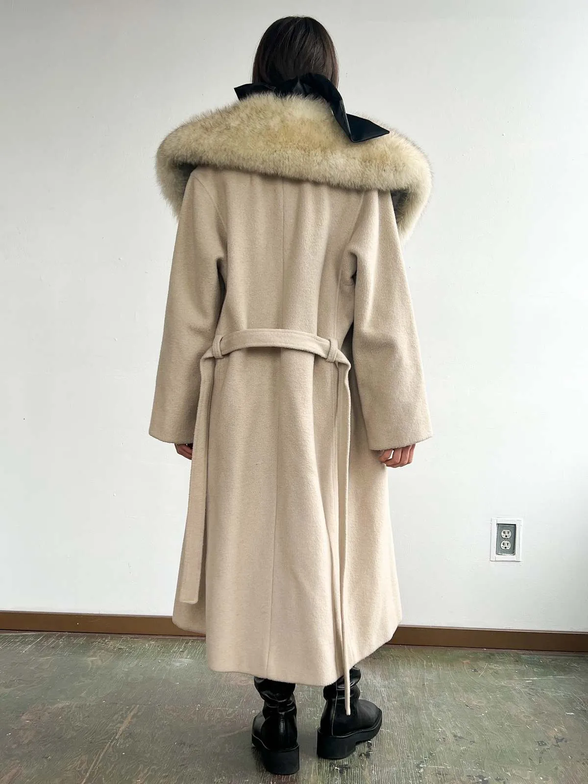 Fur Collar Maxi Coat - Cream