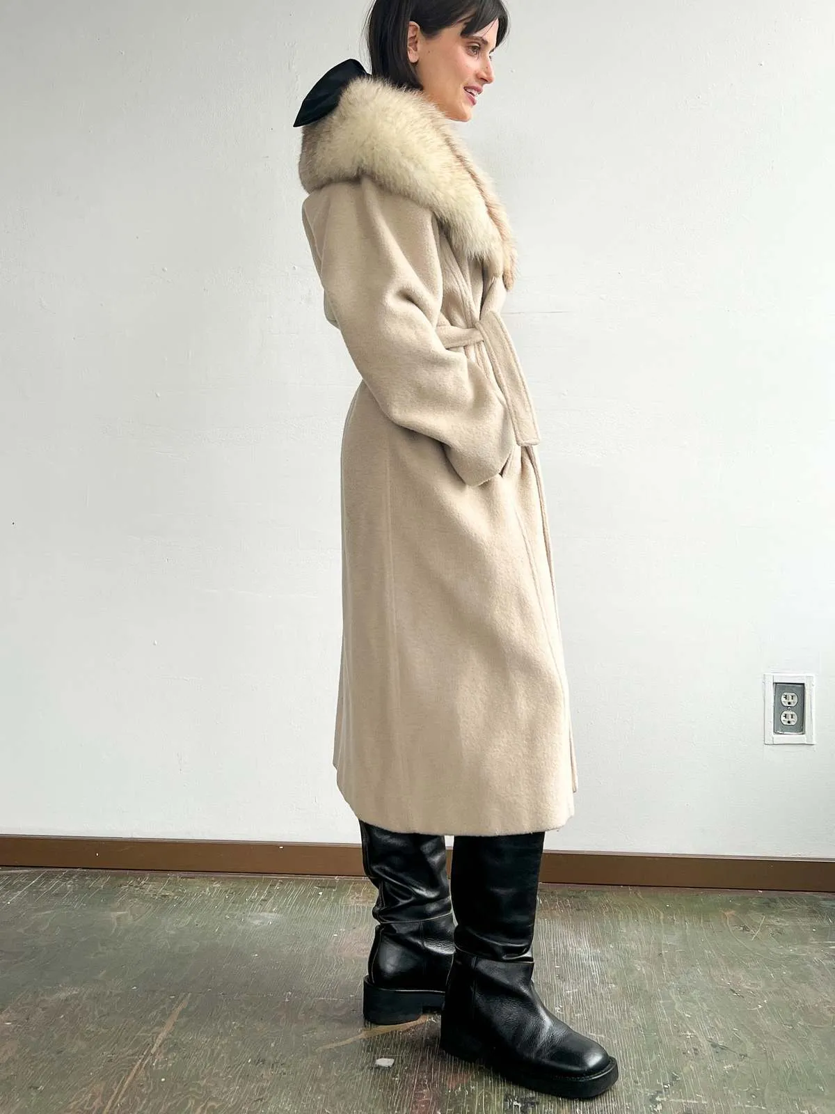 Fur Collar Maxi Coat - Cream