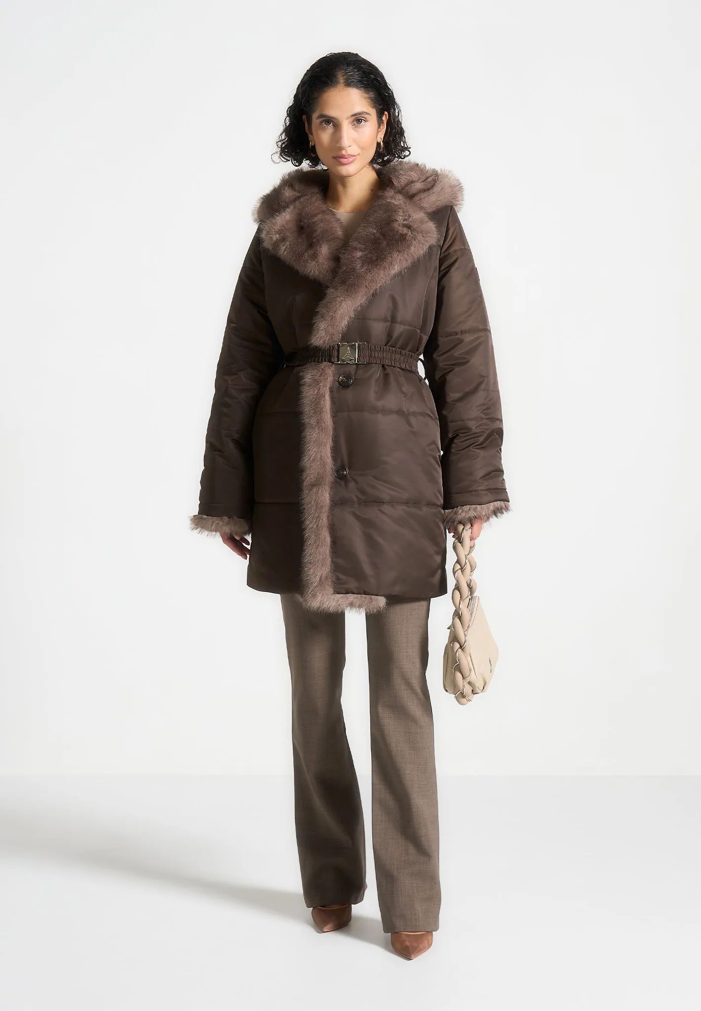 Fur Longline Belted Coat - Brown