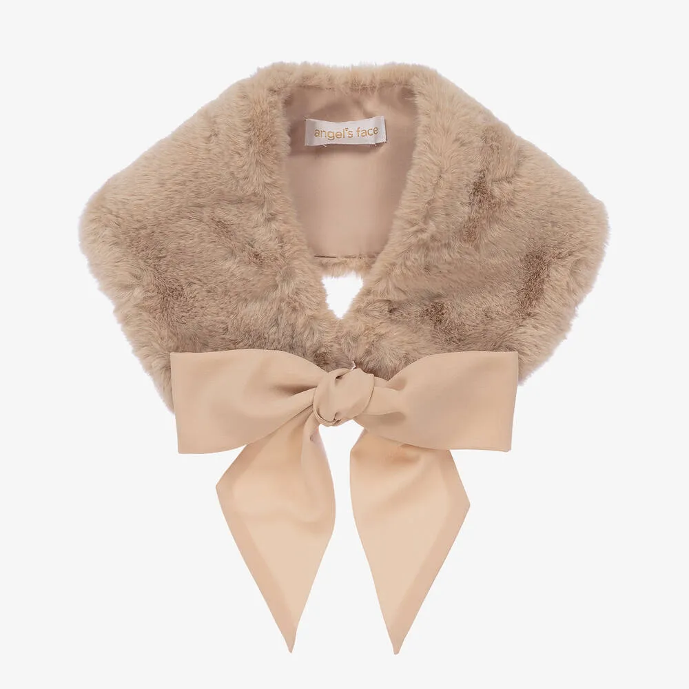 Girls Beige Faux Fur Collar