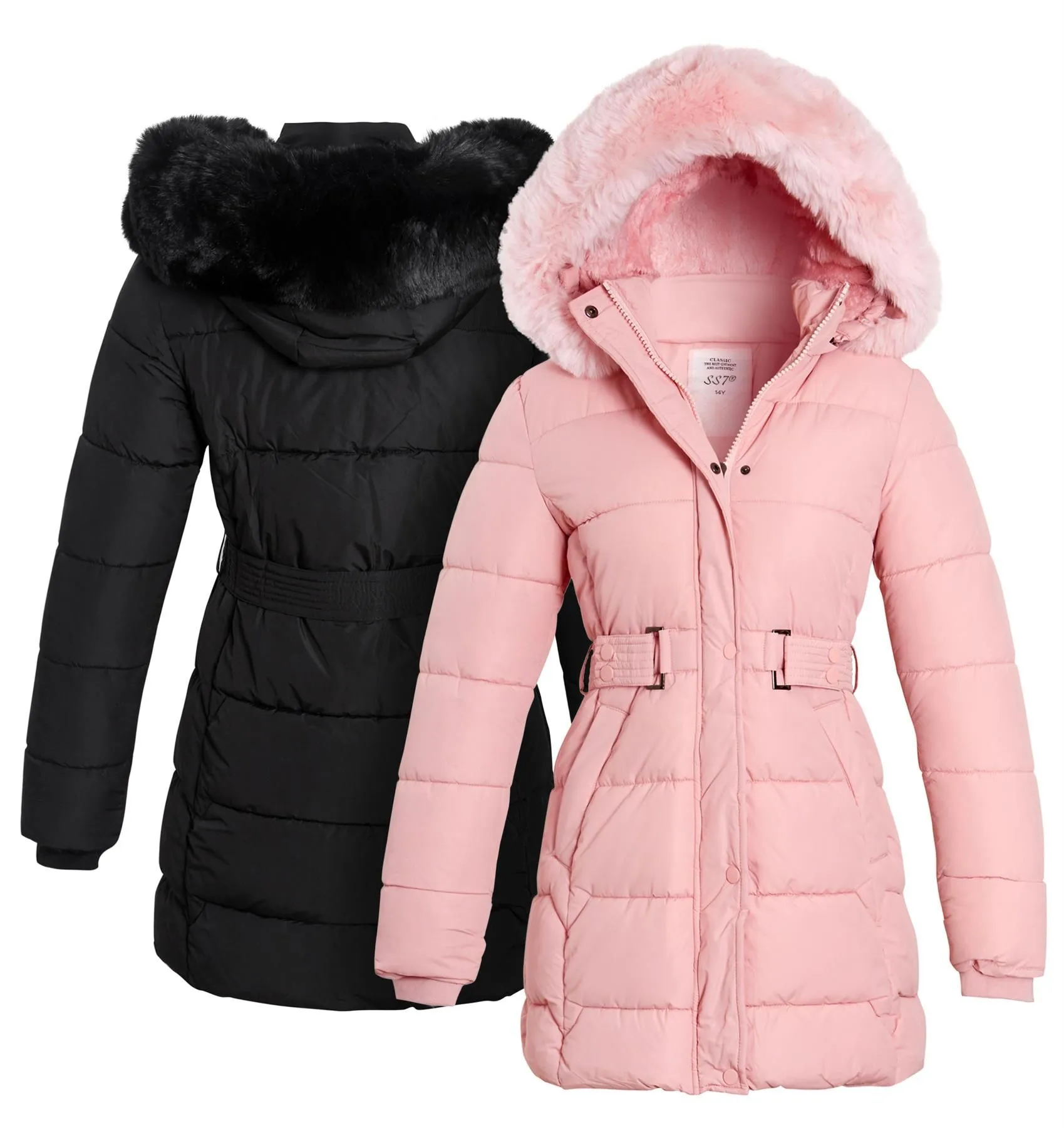 Girls Premium Fleece Lined Quilted Coat with Faux Fur, Black, Pink,  Ages  3 to 14 Years