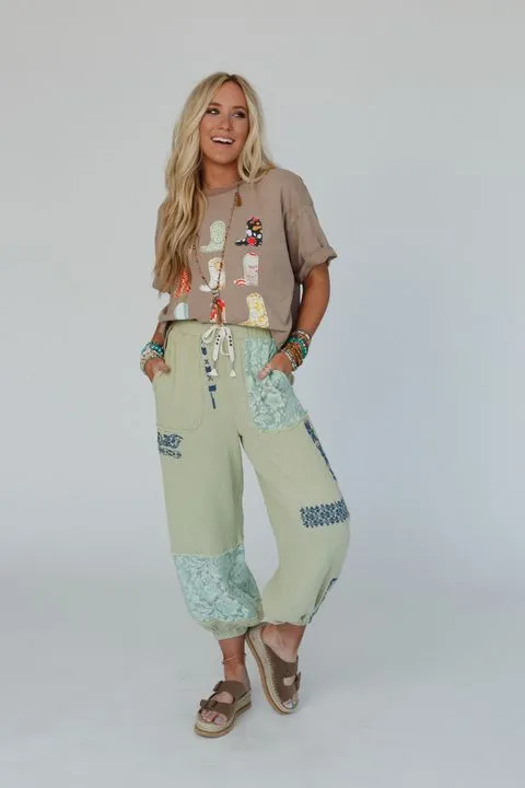 Globe Trotter Lace Embroidered Joggers - Sage