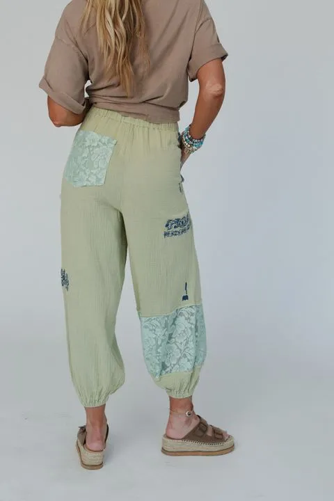 Globe Trotter Lace Embroidered Joggers - Sage