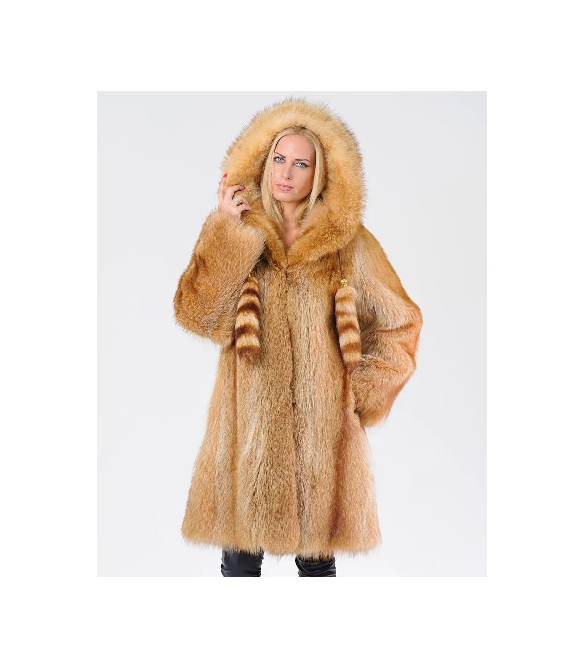 Gold Raccoon Fur Coat with Hood: FurSource.com