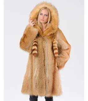 Gold Raccoon Fur Coat with Hood: FurSource.com