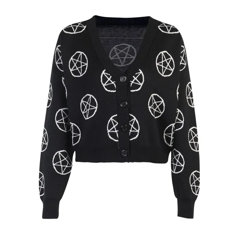 Halloween Gothic Black Knitted Cardigan Women Fairy Grunge Oversized Sweater Y2K Pentagram Print Long Sleeve Autumn Coats