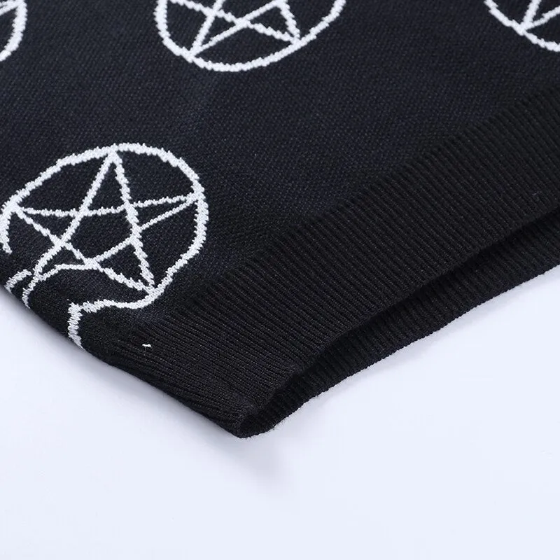 Halloween Gothic Black Knitted Cardigan Women Fairy Grunge Oversized Sweater Y2K Pentagram Print Long Sleeve Autumn Coats