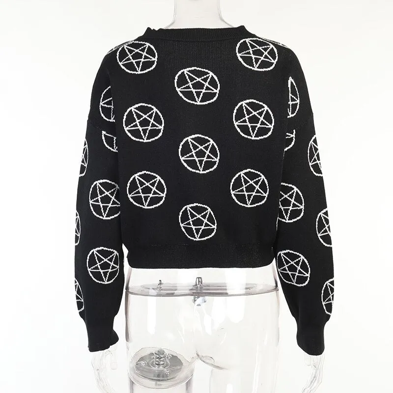 Halloween Gothic Black Knitted Cardigan Women Fairy Grunge Oversized Sweater Y2K Pentagram Print Long Sleeve Autumn Coats