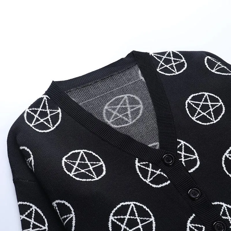 Halloween Gothic Black Knitted Cardigan Women Fairy Grunge Oversized Sweater Y2K Pentagram Print Long Sleeve Autumn Coats