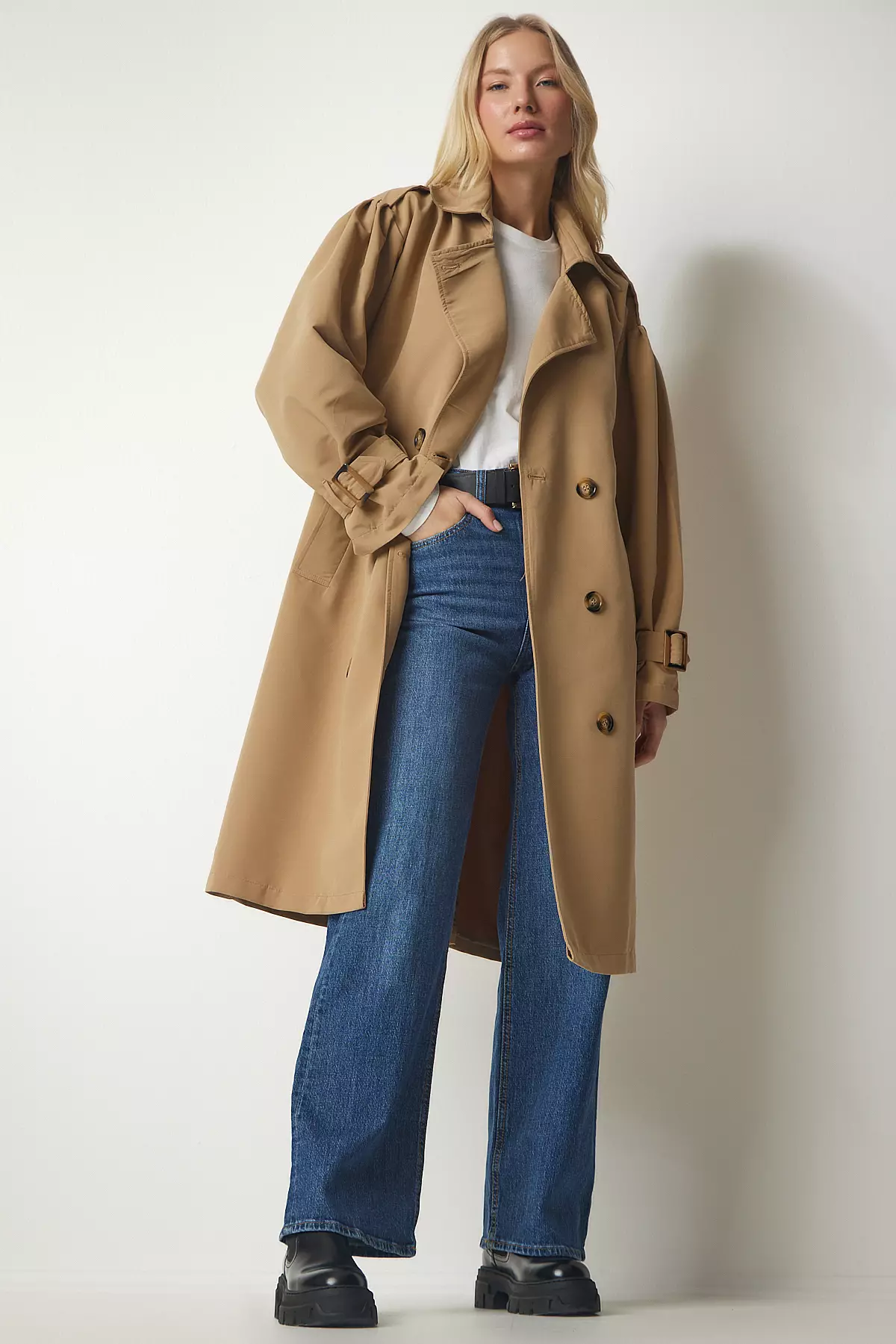 Happiness Istanbul Double Breasted Trench Coat with Belt