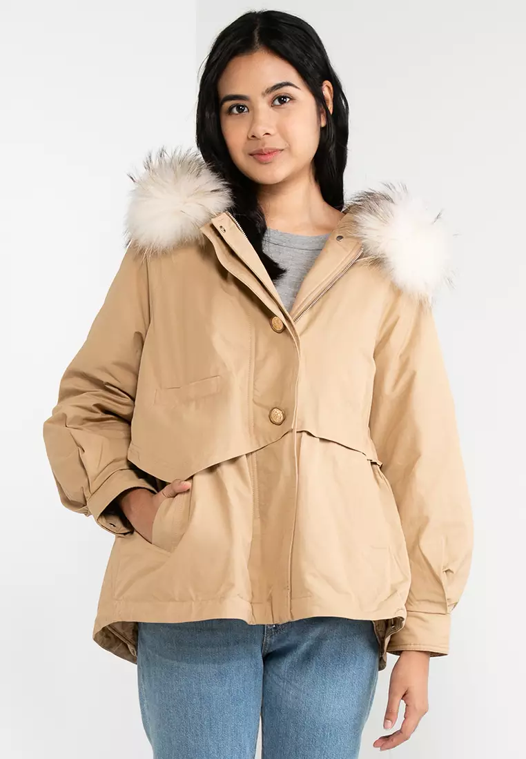 Hopeshow Fur Collar Waist Parka