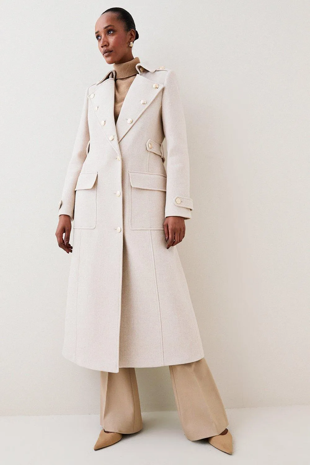 Italian Wool Military Button Maxi Coat | Karen Millen