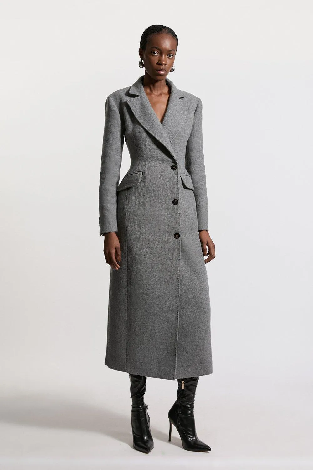 Italian Wool Mix Tailored Fitted Maxi Coat | Karen Millen