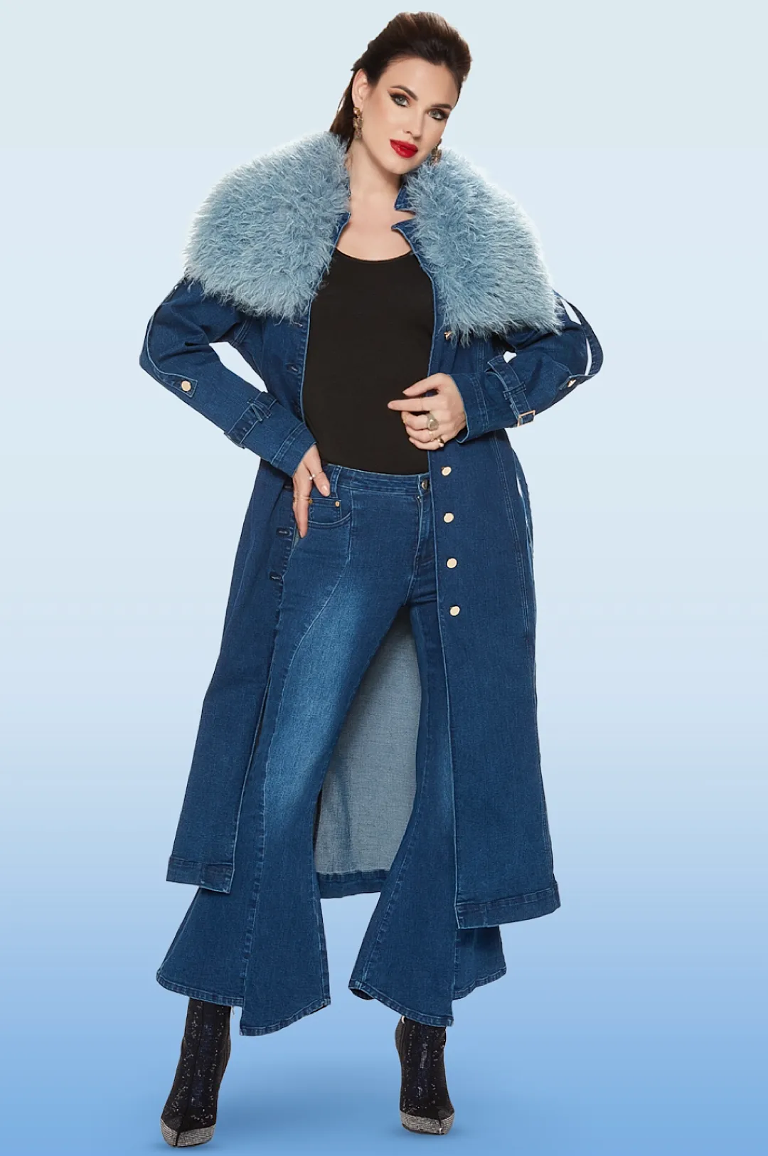 Jean Denim Blue Faux Fur Collar Coati