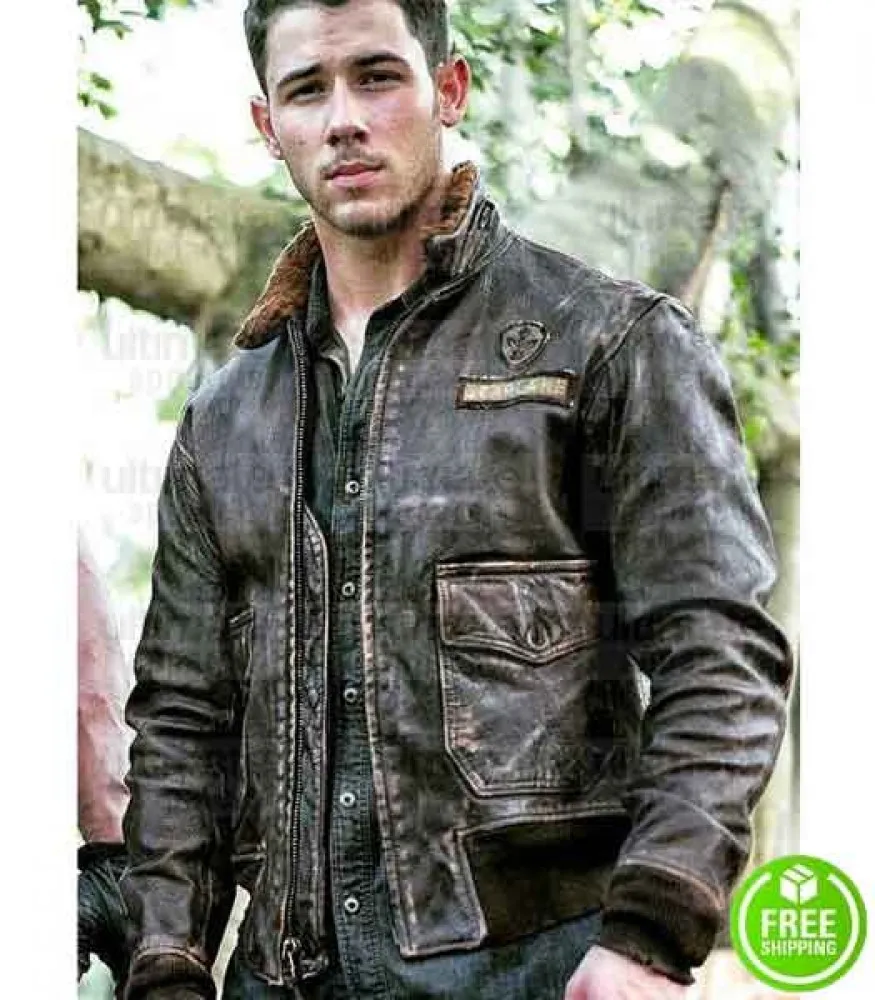 JUMANJI 2 WELCOME TO THE JUNGLE NICK JONAS FUR COLLAR LEATHER JACKET