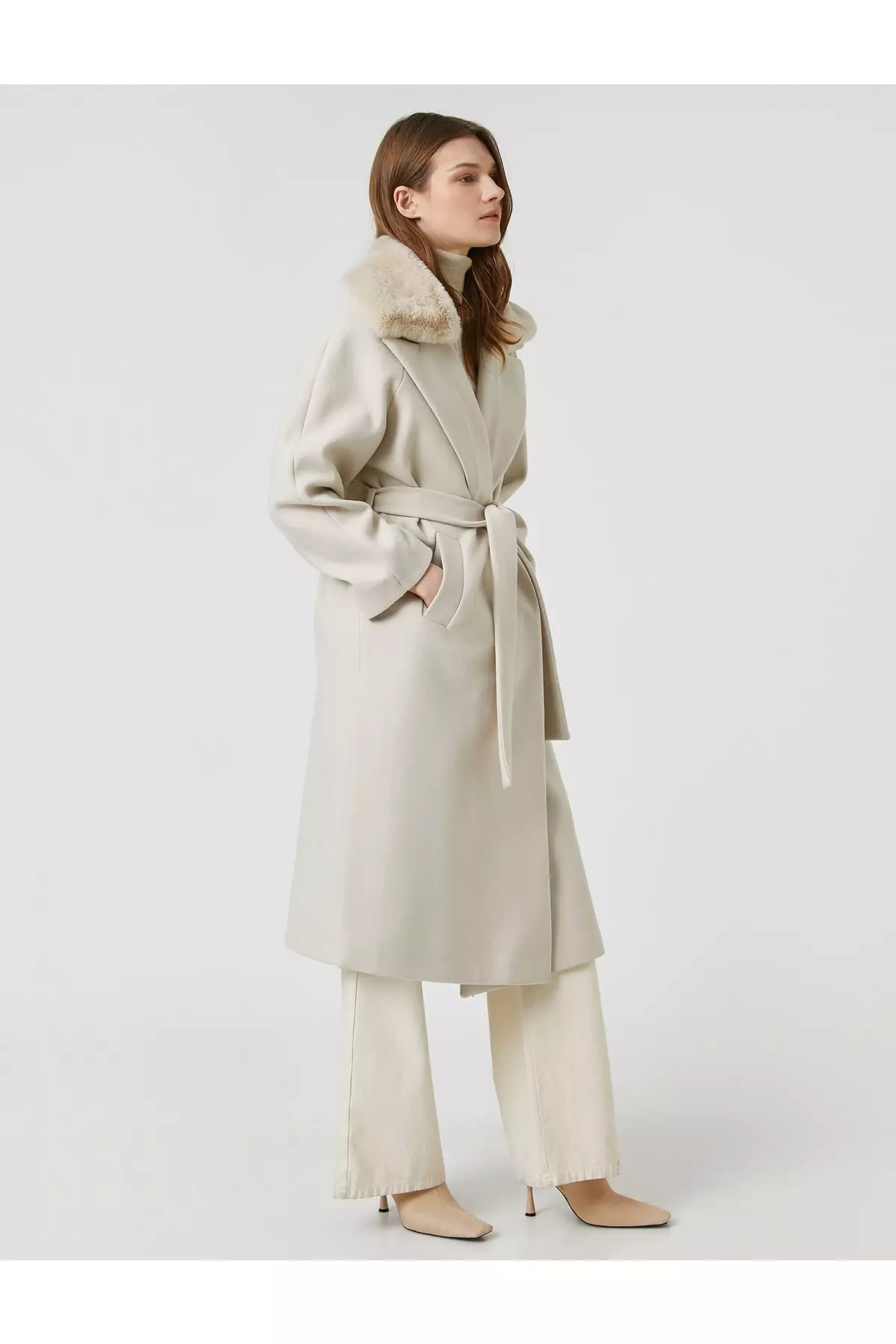 KOTON Stamp Long Coat Wrap Belted Plush Detailed