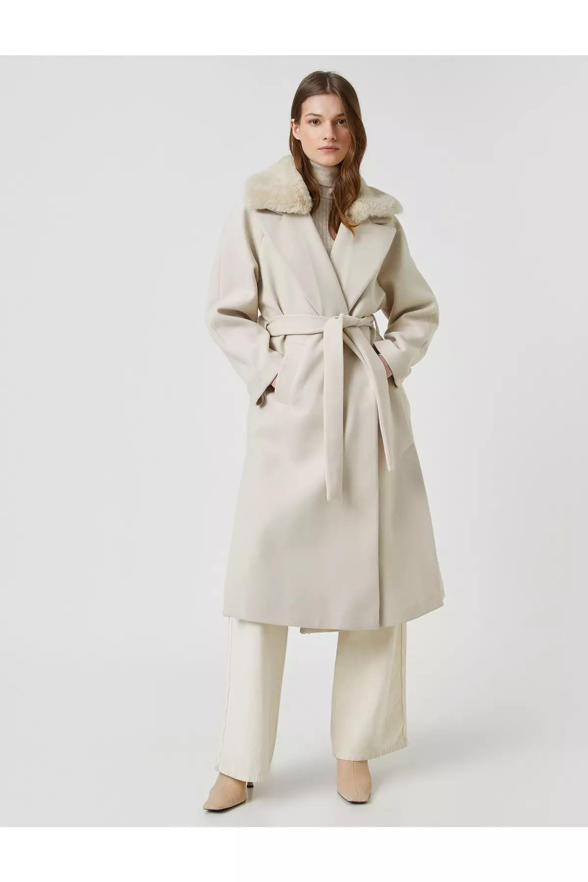 KOTON Stamp Long Coat Wrap Belted Plush Detailed