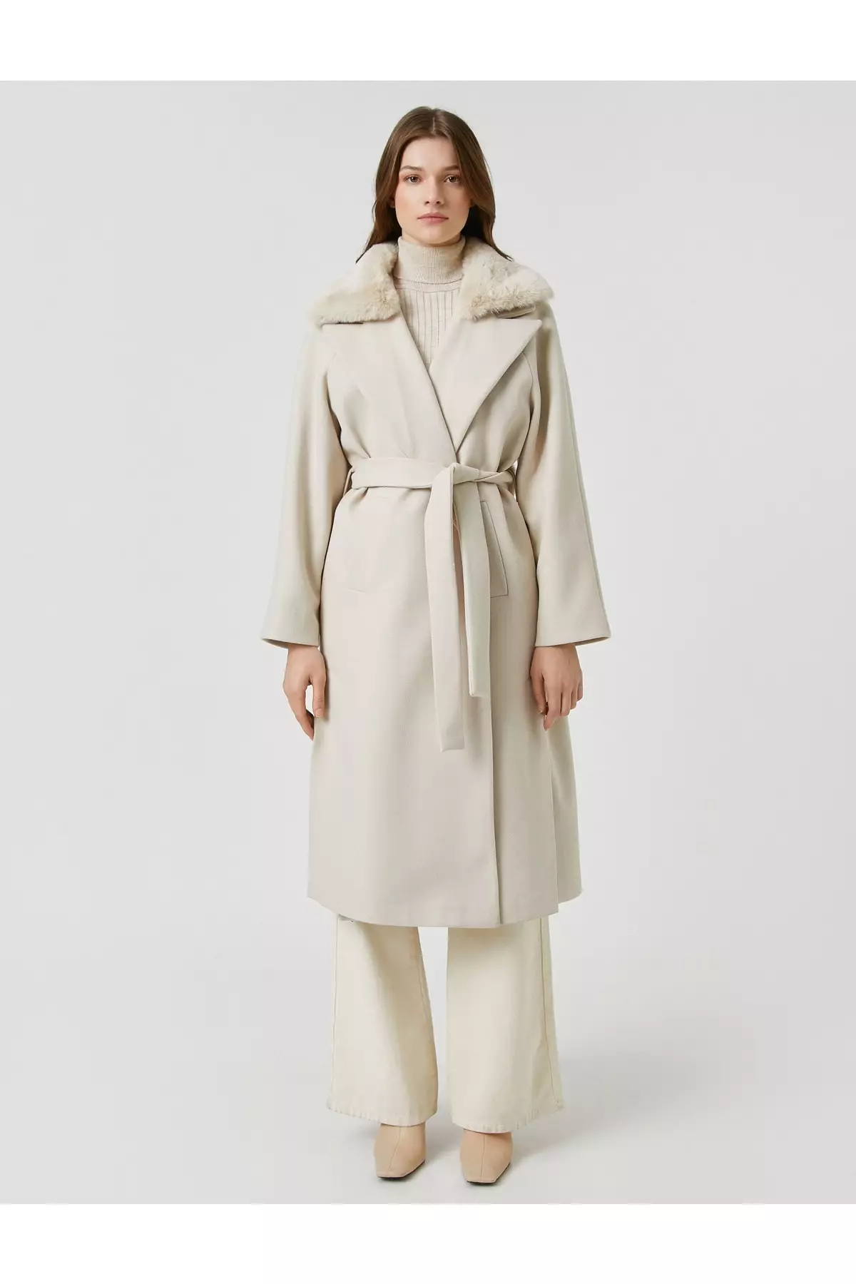 KOTON Stamp Long Coat Wrap Belted Plush Detailed