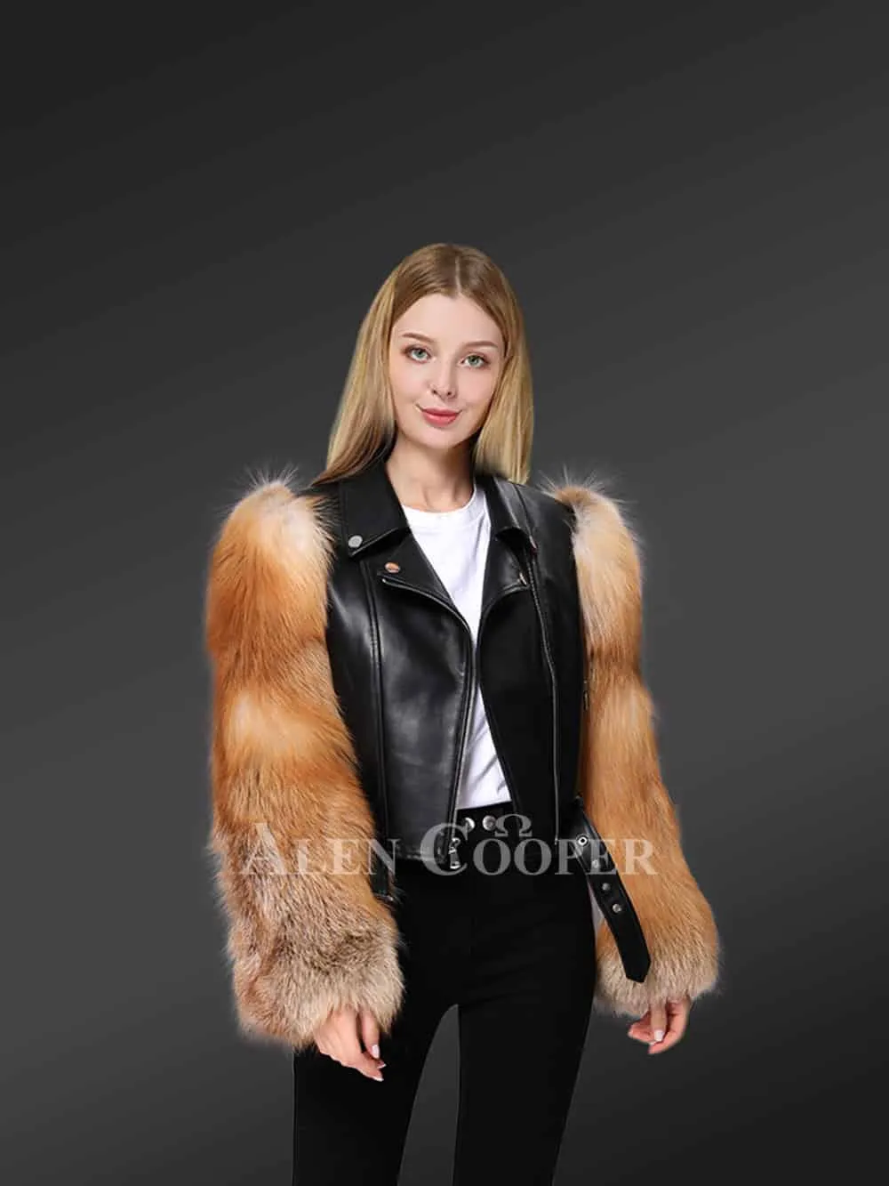 Leather Crop Jacket with Red Fox Fur Sleeves