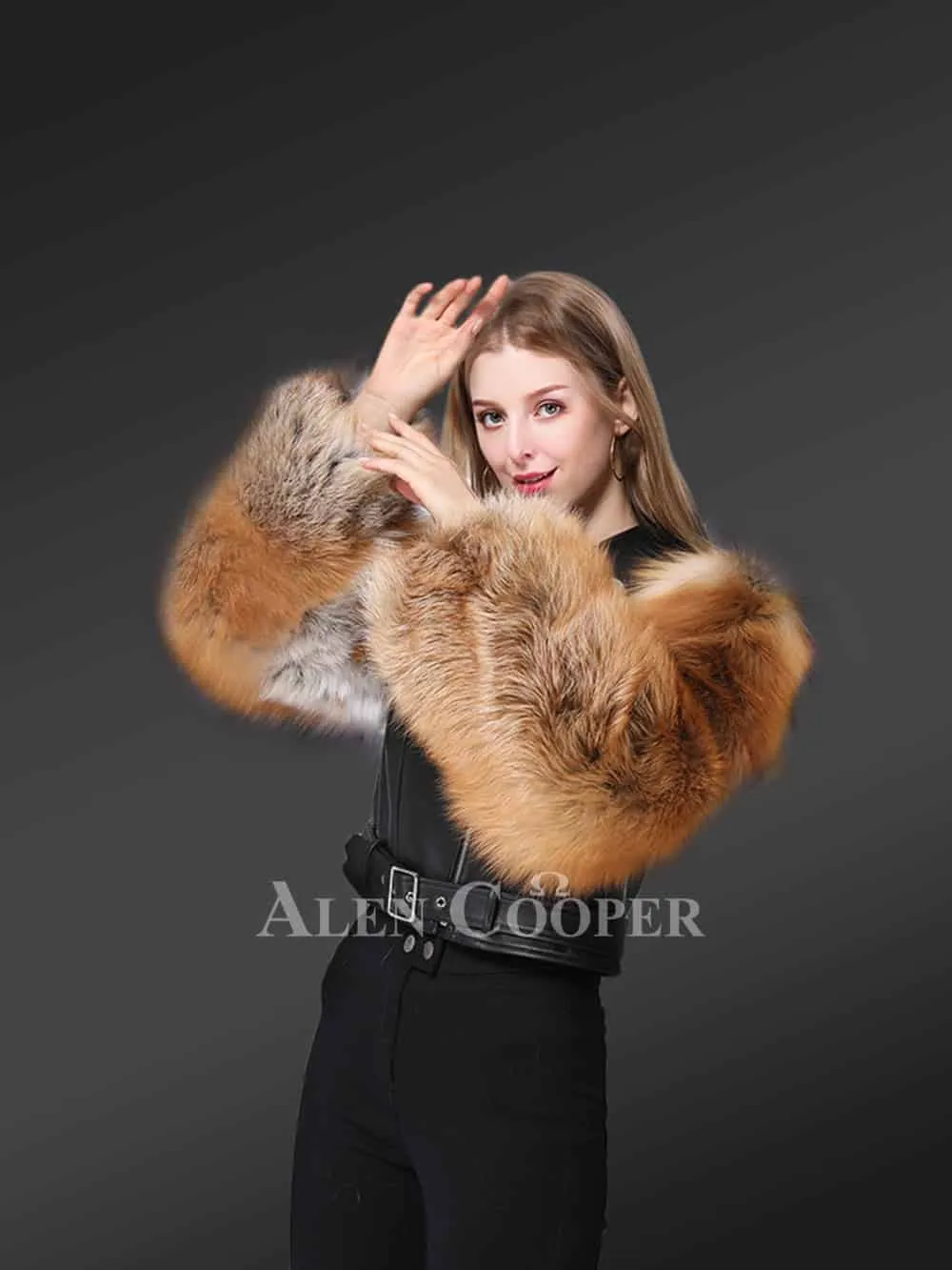 Leather Crop Jacket with Red Fox Fur Sleeves