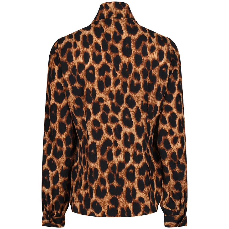 Leopard Print Tie Front Long Sleeve Blouse