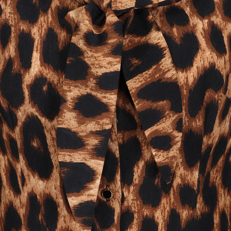 Leopard Print Tie Front Long Sleeve Blouse