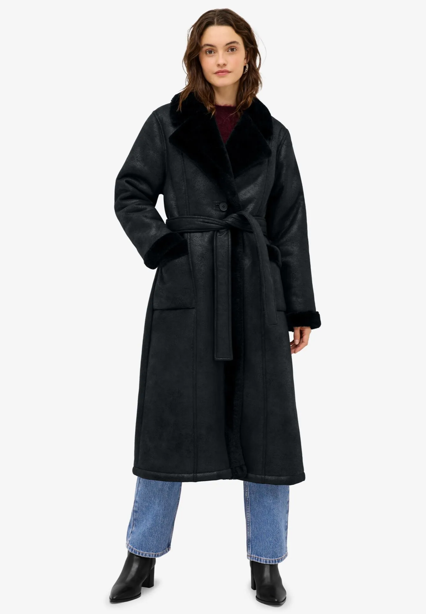 Long Faux Shearling Coat With Belt