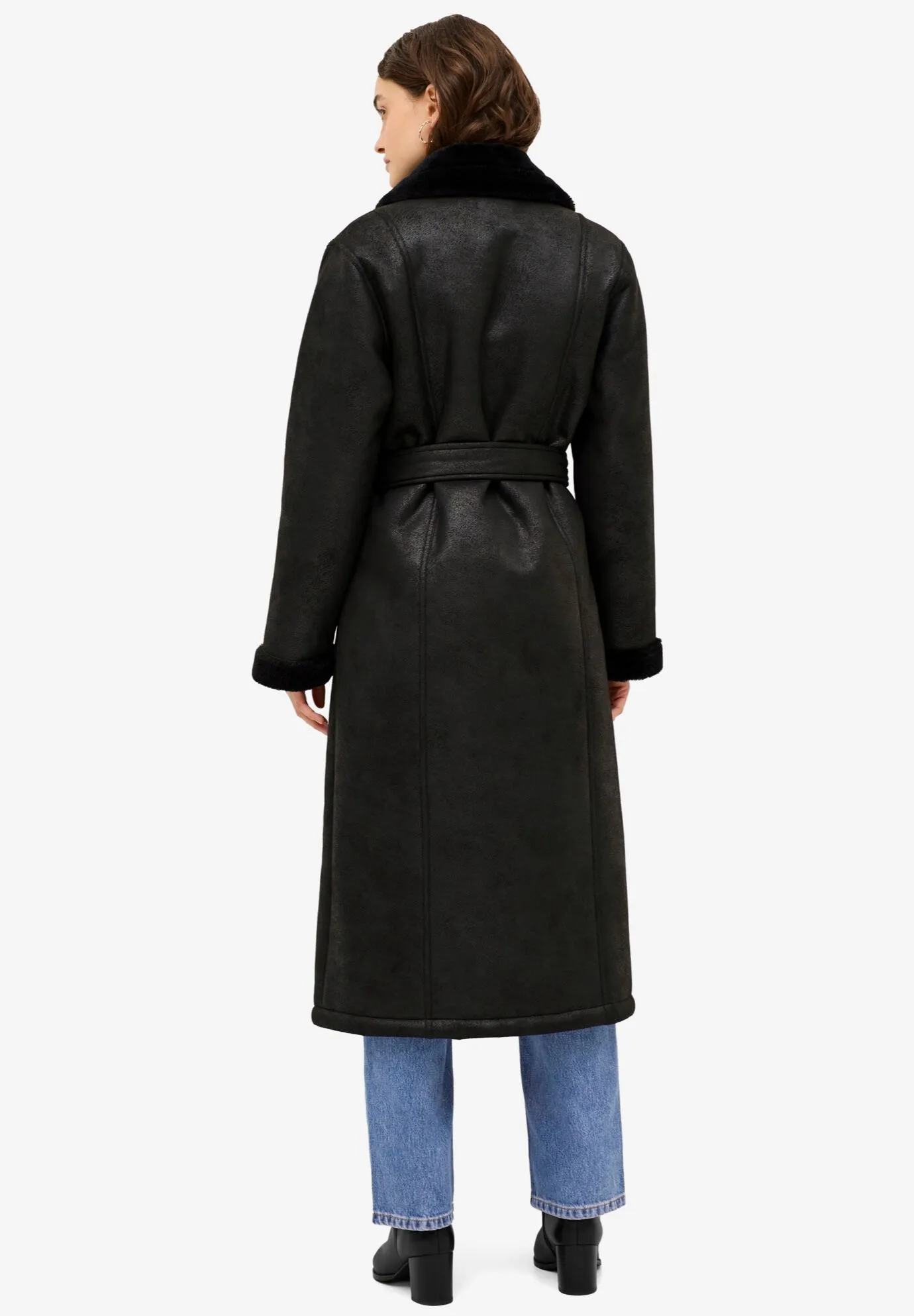 Long Faux Shearling Coat With Belt