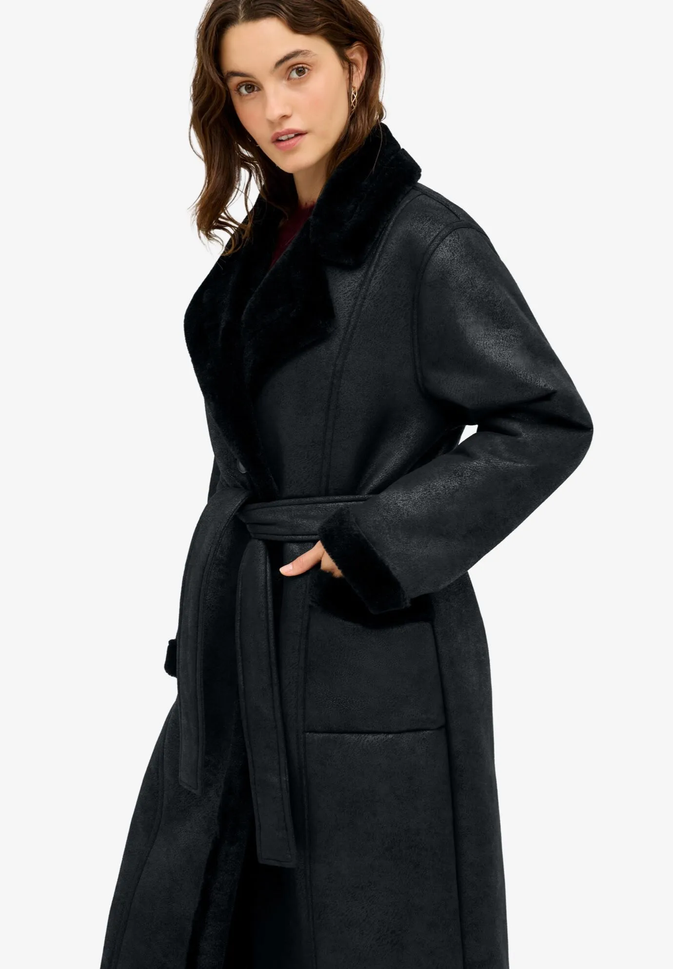 Long Faux Shearling Coat With Belt