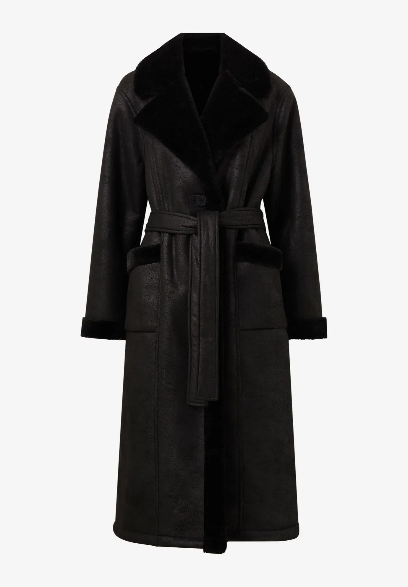 Long Faux Shearling Coat With Belt