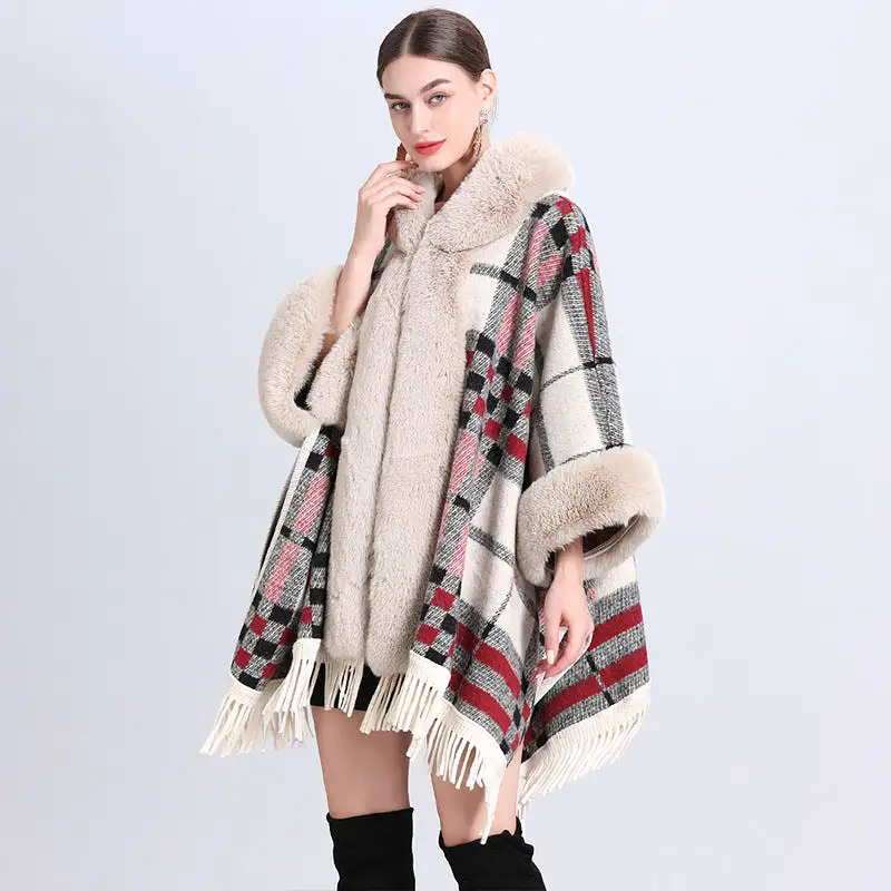 Loose Plaid Plus Cashmere Fur Collar Knitted Inverness