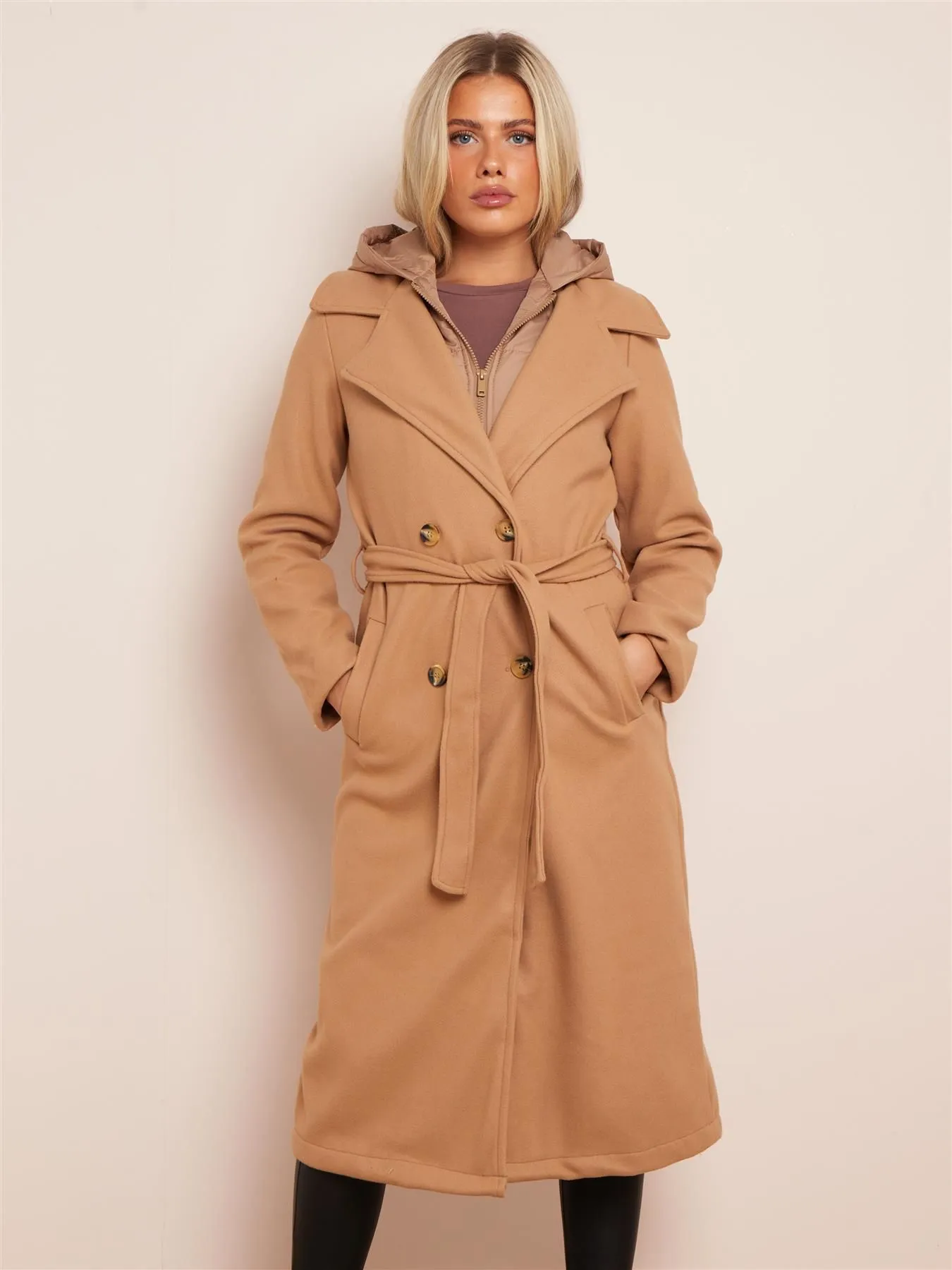 Maxi Faux Wool Coat with Hood, Black, Camel, UK Sizes 8 to 16