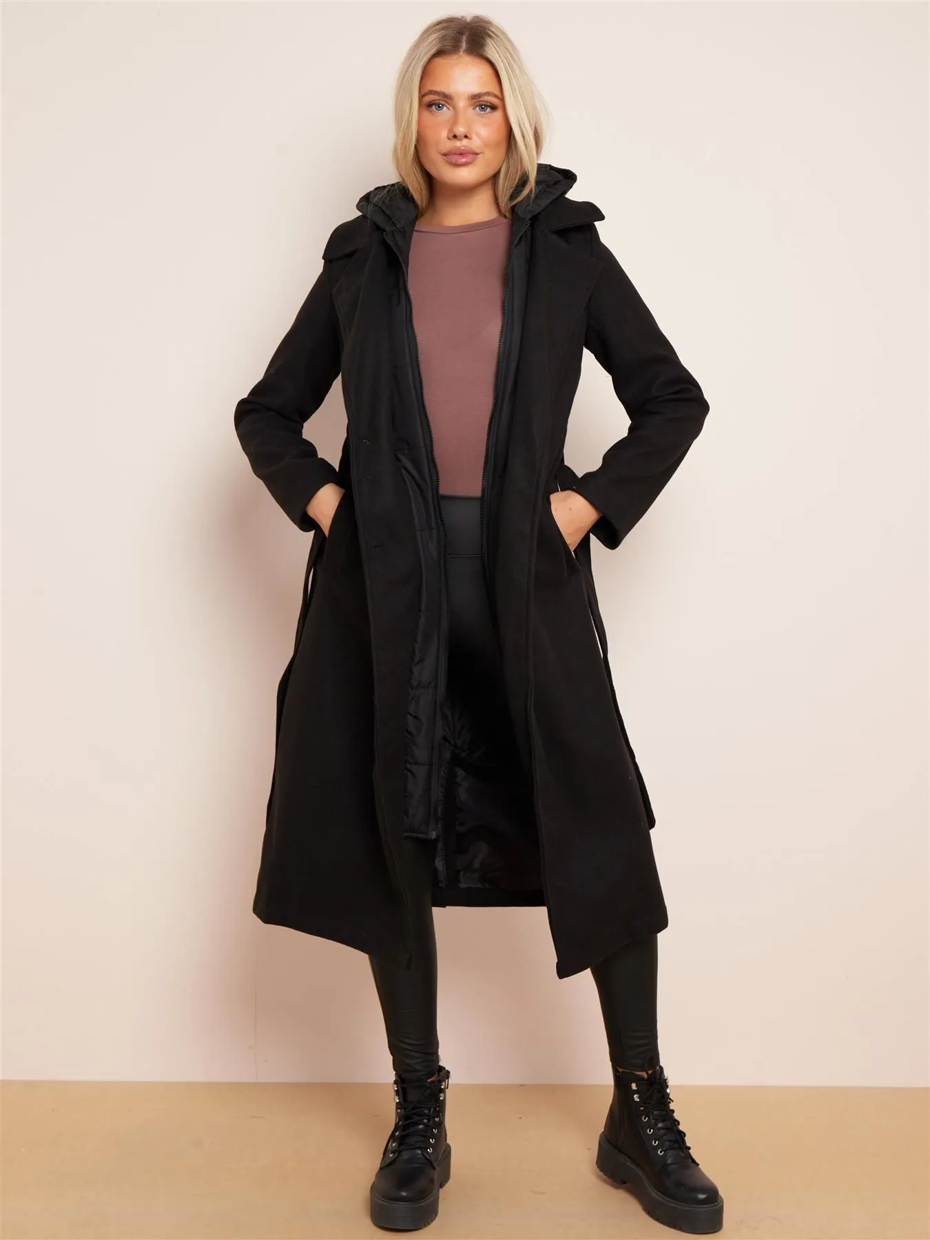 Maxi Faux Wool Coat with Hood, Black, Camel, UK Sizes 8 to 16