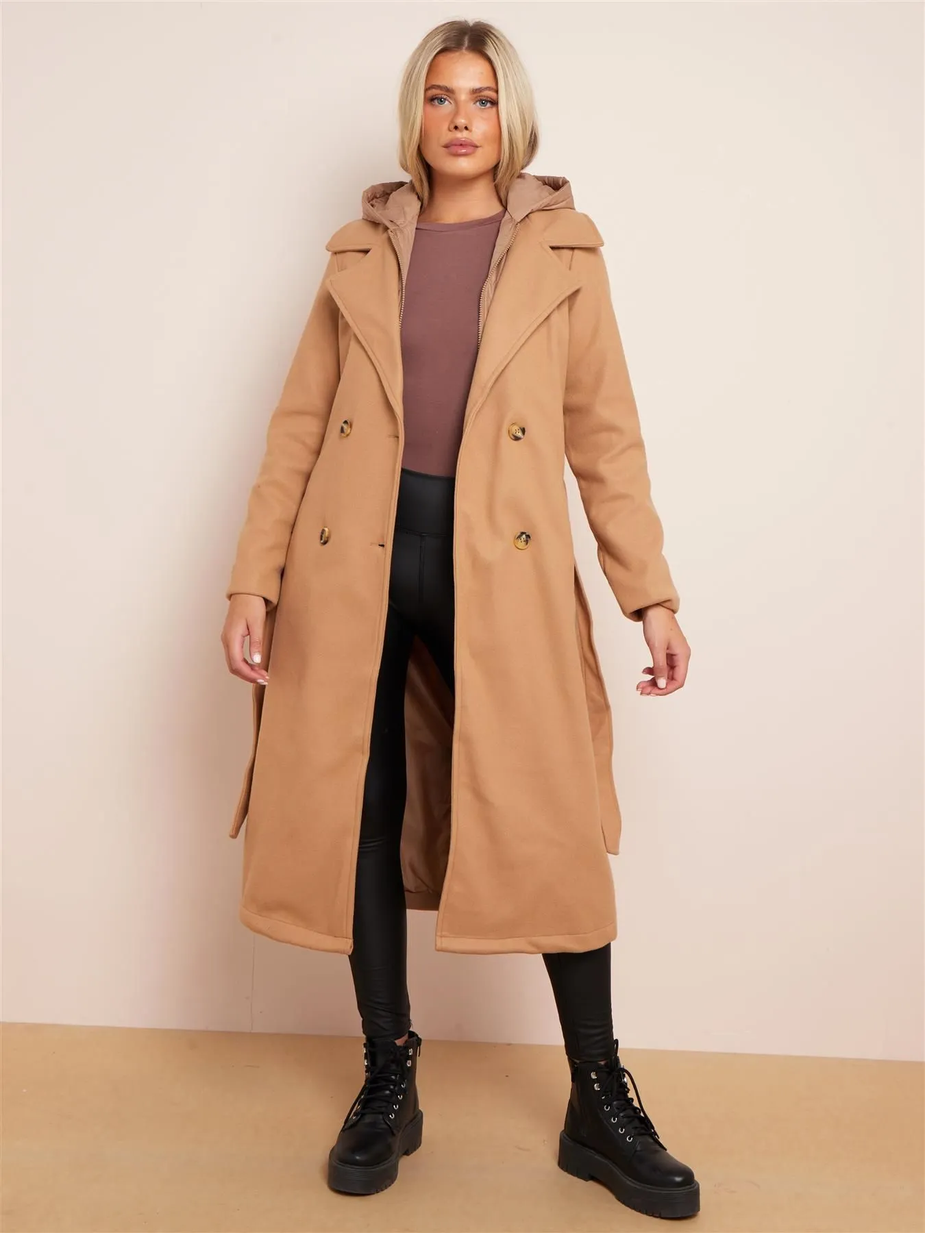 Maxi Faux Wool Coat with Hood, Black, Camel, UK Sizes 8 to 16