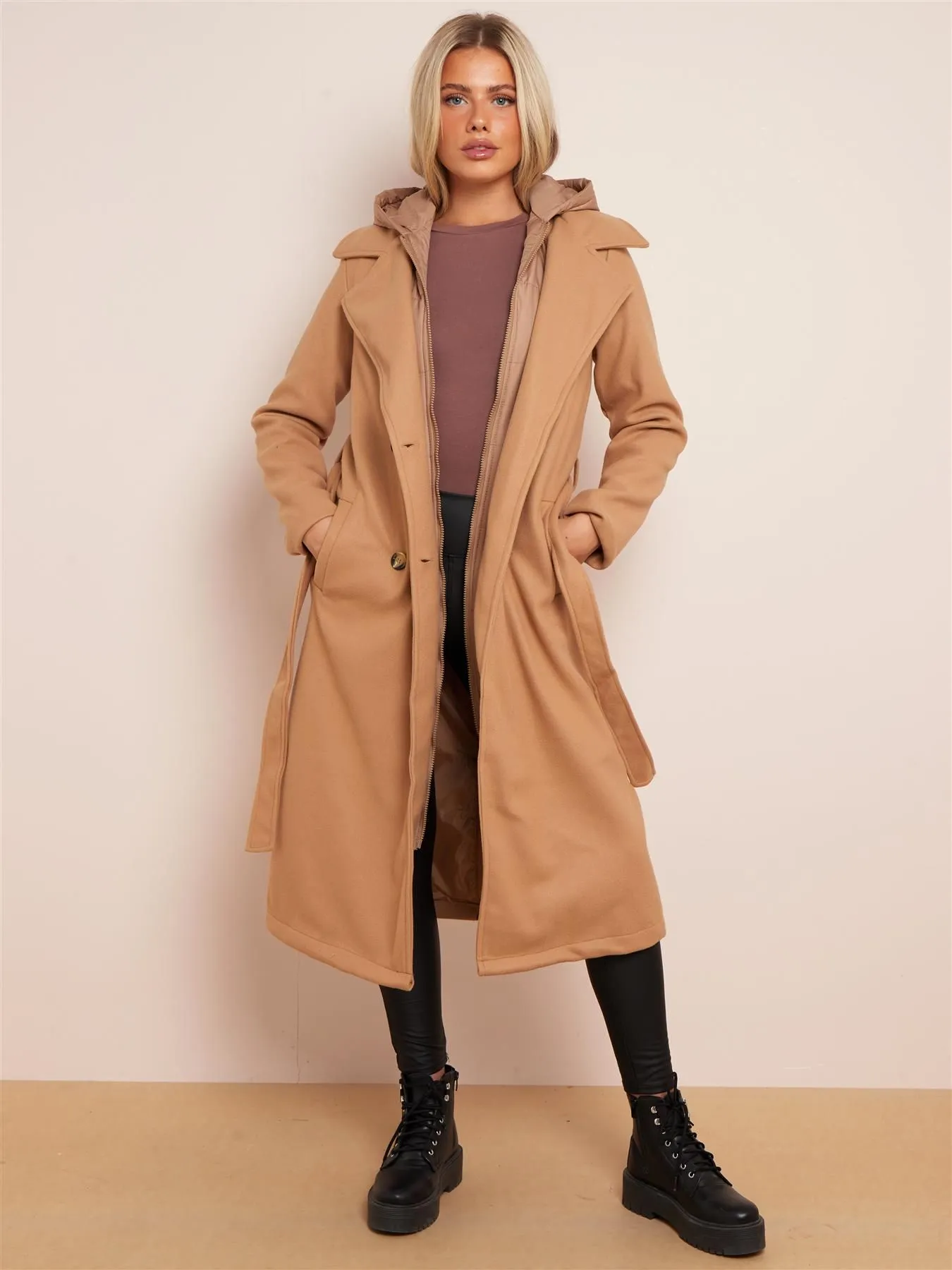 Maxi Faux Wool Coat with Hood, Black, Camel, UK Sizes 8 to 16