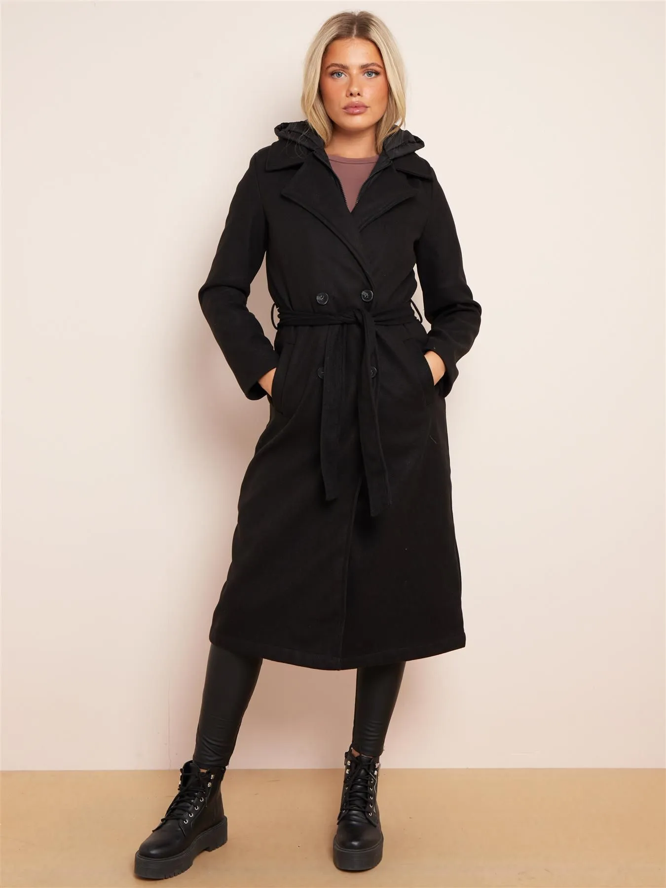 Maxi Faux Wool Coat with Hood, Black, Camel, UK Sizes 8 to 16