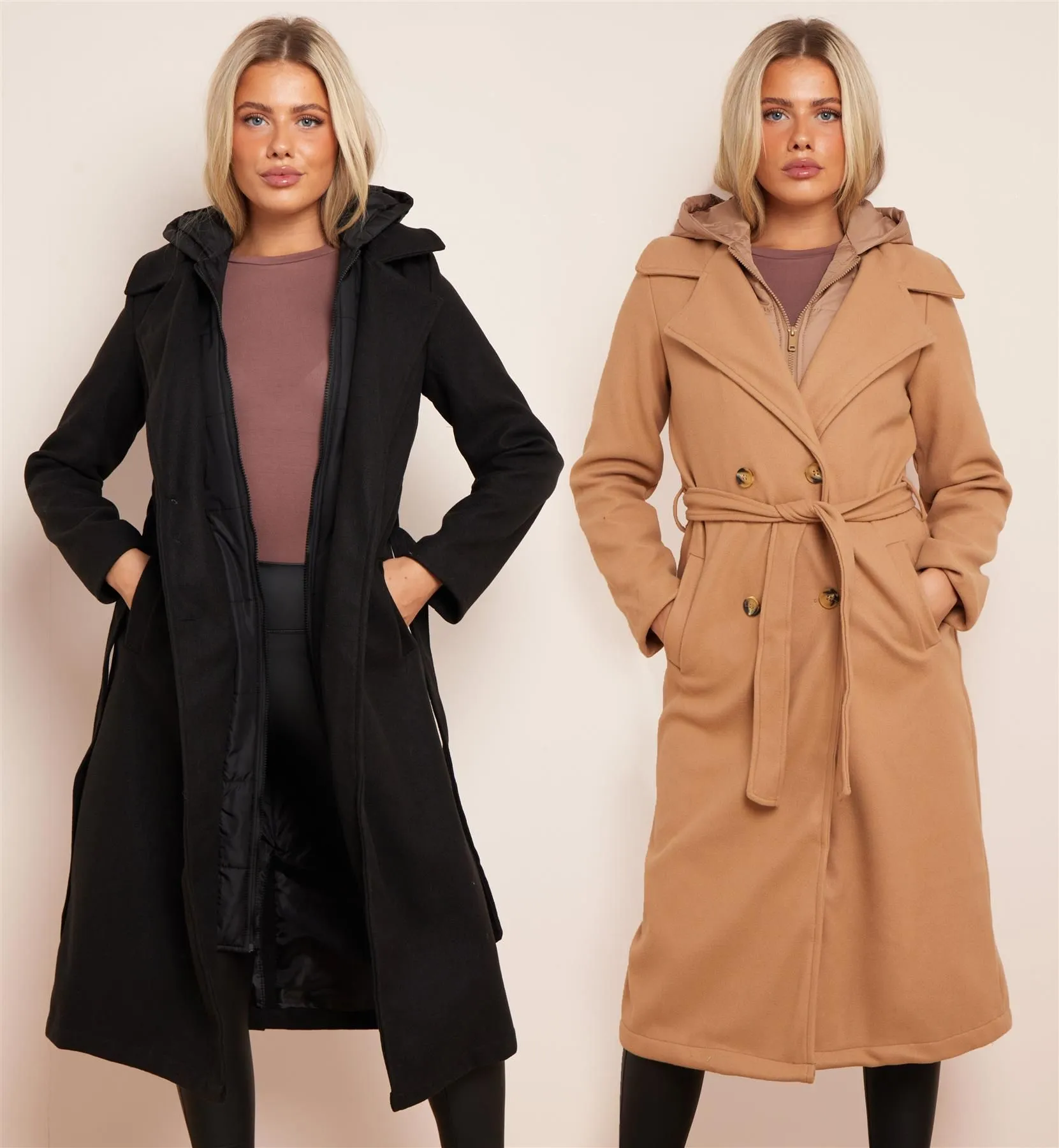 Maxi Faux Wool Coat with Hood, Black, Camel, UK Sizes 8 to 16