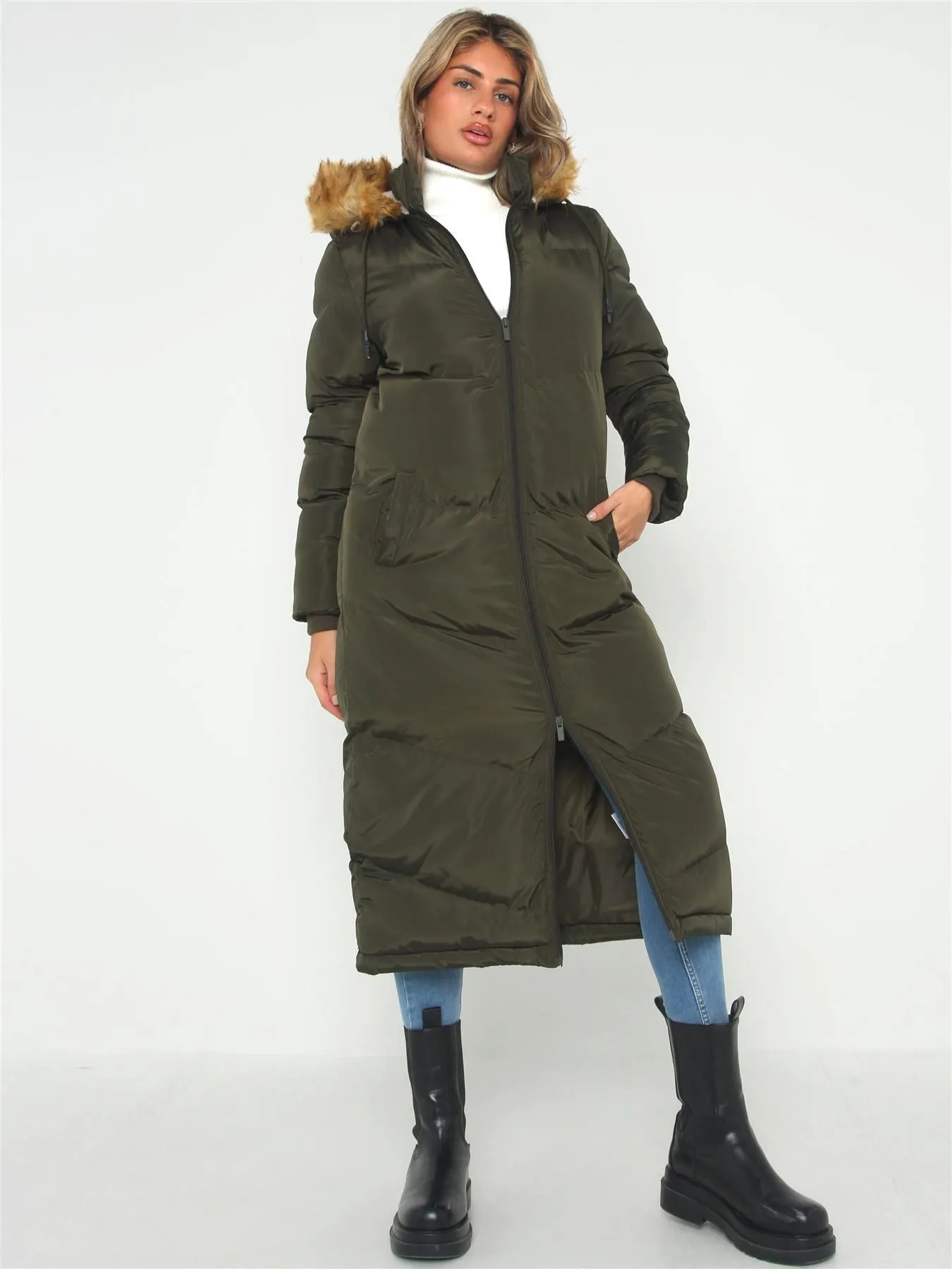 Maxi Length Puffer Coat with Faux Fur, Black, Khaki, White, UK Sizes 8 to 16