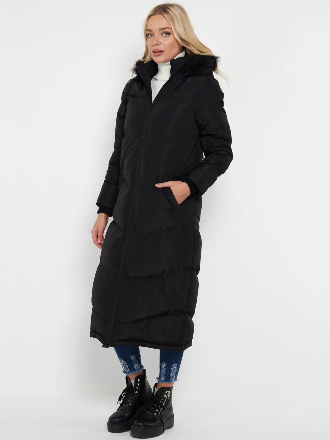 Maxi Length Puffer Coat with Faux Fur, Black, Khaki, White, UK Sizes 8 to 16