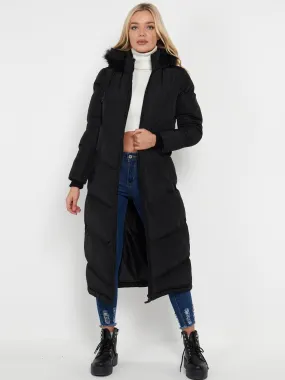 Maxi Length Puffer Coat with Faux Fur, Black, Khaki, White, UK Sizes 8 to 16