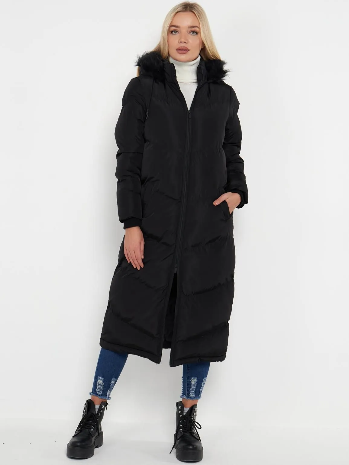 Maxi Length Puffer Coat with Faux Fur, Black, Khaki, White, UK Sizes 8 to 16